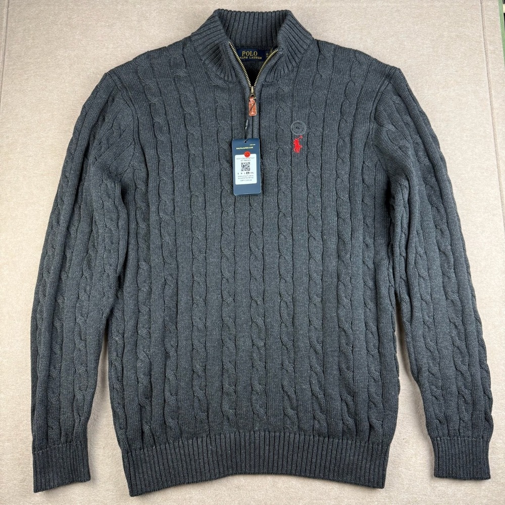 Polo Ralph Lauren Sweater Mens XL Custom Slim Fit Charcoal Cable Knit 1/4 Zip
